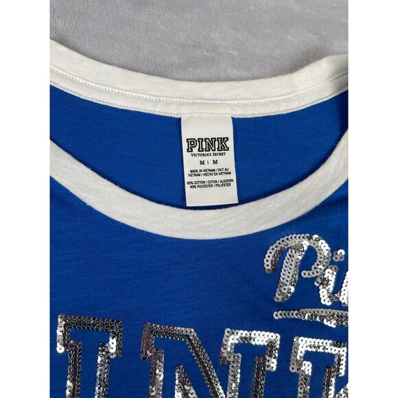 Victory Secret Pink‎ Shirt Women’s Short Sleeve Glitter Blue Jersey Y2K - Picture 6 of 12